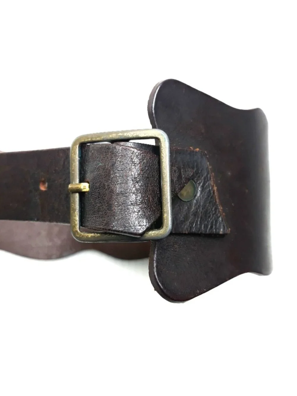 Boho Brown Leather Waist Belt 2-Pieces Scalloped Double Buckle Artsy Western